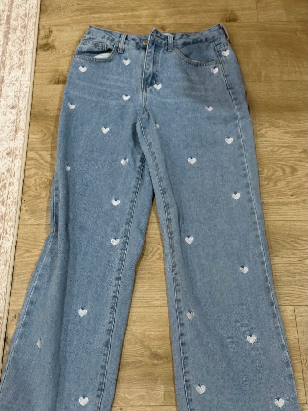 Forever 21 Light Blue Denim Wide-Leg Jeans with White Heart Print
